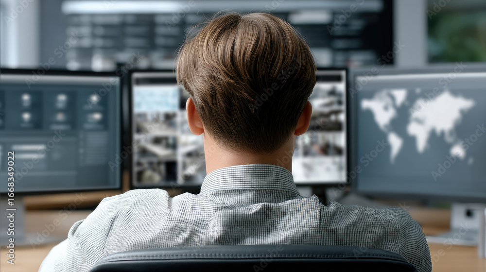 Poster rear view business man working at desk with multiple computer monitors, analyzing data in modern off