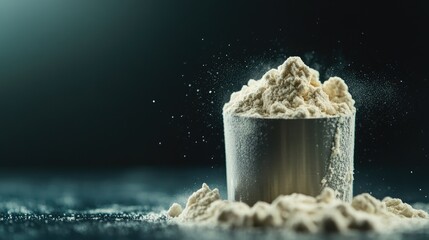 Protein powder scoop filled with protein powder on dark background, ideal for fitness enthusiasts and gym goers looking to enhance their nutrition and workout performance.