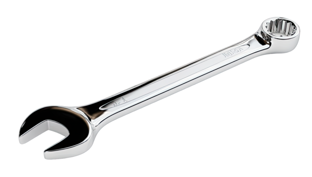Chrome-plated adjustable wrench, angled view