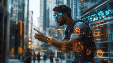 Male athlete running wearing digital eyewear in a modern urban setting with skyscrapers in the background. High-tech fashion and fitness concept.