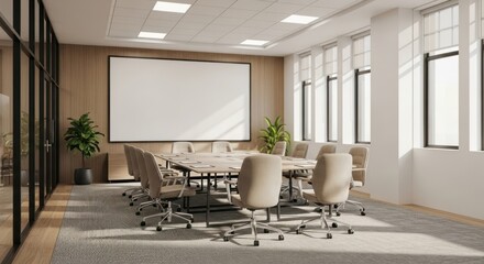 Modern Empty Conference Room with Large Projection Screen, Natural Light, and Wood Accents