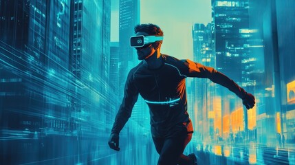Male athlete running wearing digital eyewear in a modern urban setting with skyscrapers in the background. High-tech fashion and fitness concept.