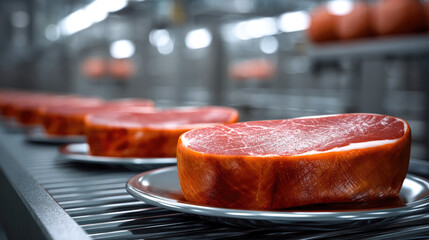 Fresh raw steak meat beef red uncooked food production facility factory plate industrial processing protein delicious juicy