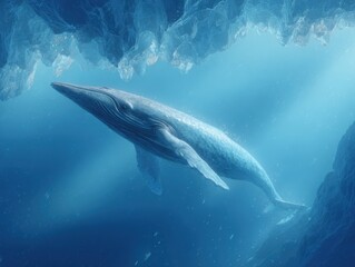 Naklejka premium Majestic Whale Swimming Gracefully in Deep Blue Ocean Waters Surrounded by Sunlight Creating a Tranquil and Awe Inspiring Marine Scene of Nature