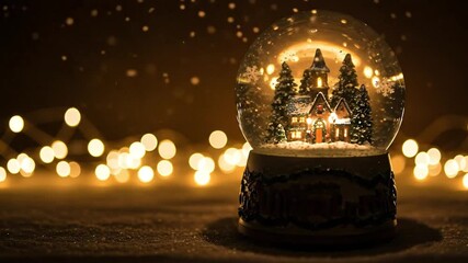 A snow globe encloses a miniature winter scene softly lit amidst blurred string lights - Powered by Adobe