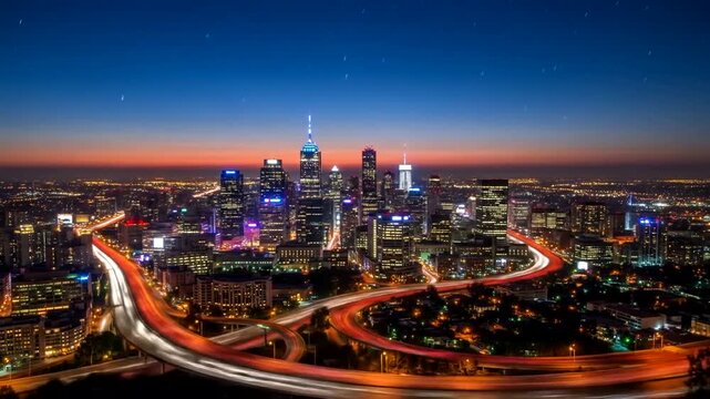 A stunning twilight view of Philadelphia's skyline with illuminated buildings and highways