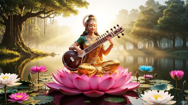 Saraswati on Lotus: Serene Goddess of Wisdom and Music