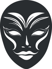 Abstract black and white tribal mask face illustration with stylized decorative patterns