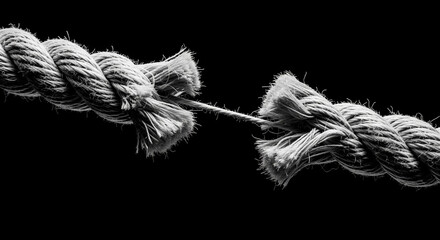 A powerful black-and-white close-up of a fraying rope with a single, thin strand holding it together, symbolizing stress, tension, crisis, and the concept of a breaking point.