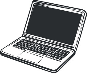 Black and white illustration of an open laptop computer with keyboard and screen isolated on white background
