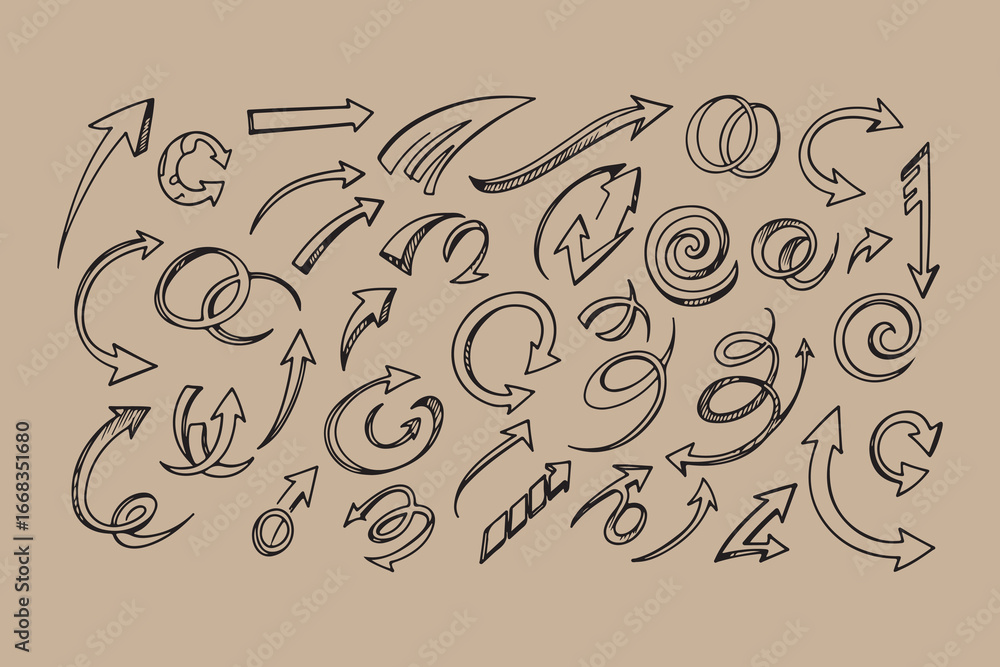 Poster collection of hand drawn sketchy arrows and circular elements on a textured background