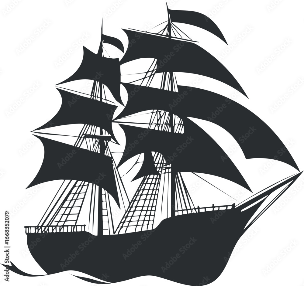 Poster silhouette of an old sailing ship with multiple sails and rigging on white background