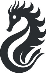Stylized black and white seahorse silhouette design with smooth curves and abstract shapes