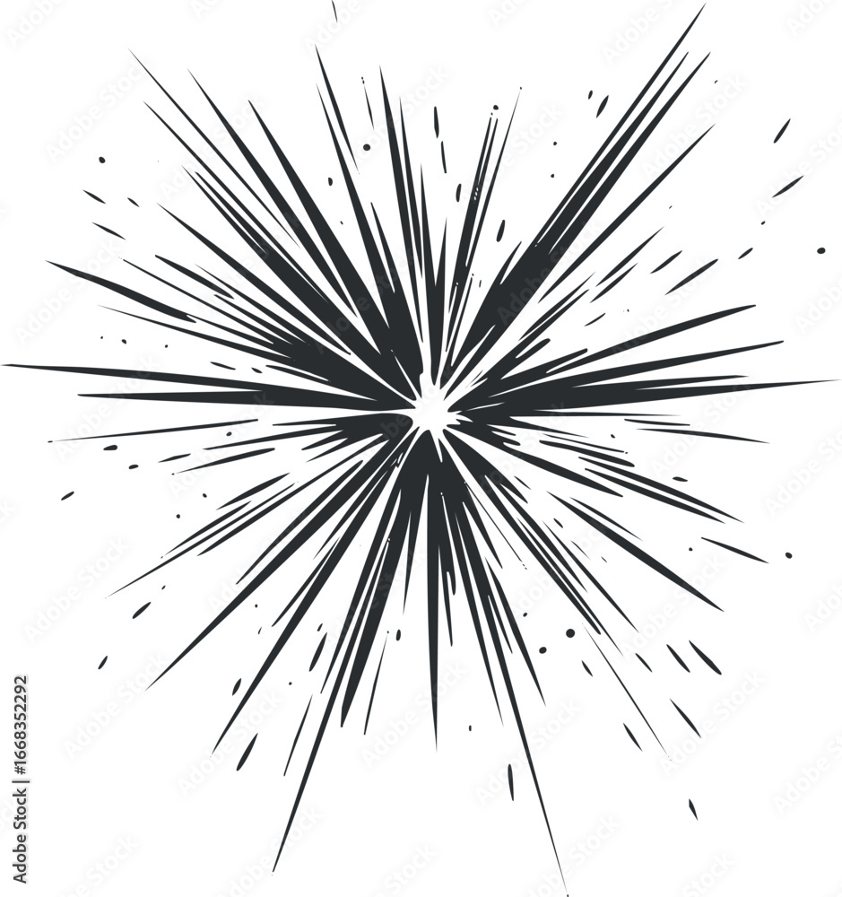 Poster black and white abstract explosion with sharp jagged lines radiating outward in starburst pattern.