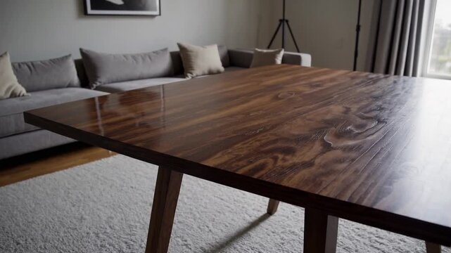 Unoccupied timber surface in domicile's common area, wooden worktable with vacant area for content placement, digitally generated ry