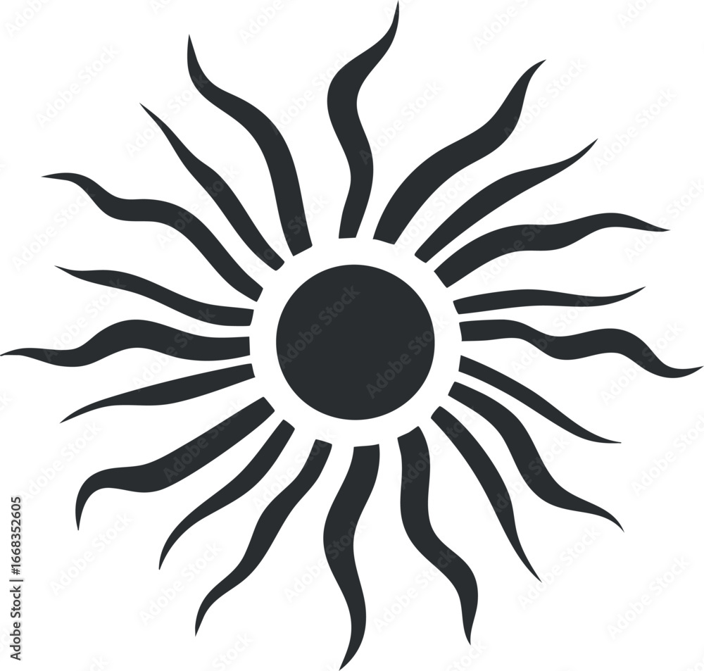 Poster black abstract sun symbol with wavy rays radiating from a solid circular center on white background