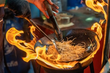 Pad Thai noodles is fried noodles cook in pan with big fire flame is hong kong style. Pad Thai...