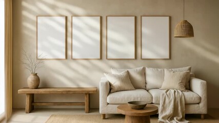 Minimalist interior mockup with four vertical poster frames above sofa in warm beige living room with wooden furniture, neutral tones, natural sunlight, Scandinavian boho style - Powered by Adobe