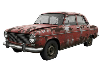 Rusted Red Classic Sedan with Flat Tire and Cracked Glass