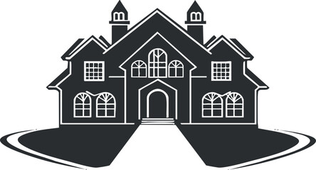Fototapeta premium Black and white illustration of a large mansion with multiple windows and front pathway