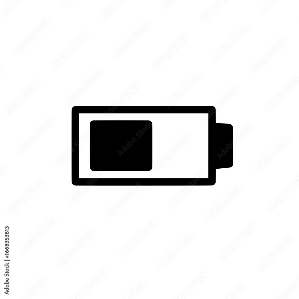 Poster illustration of a battery icon with a low charge level displayed in black and white colors scheme de