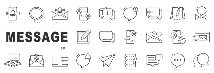 Clean outline message icons for chat, SMS, email notifications, reply, send, inbox, compose, typing, mobile app UI, vector line, editable