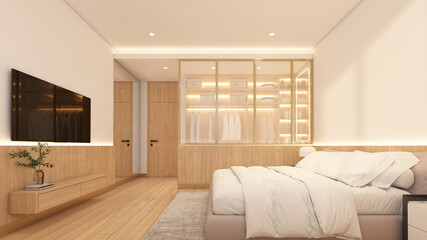 Bedroom decorated with bed and side table, white wall and wooden wall, wooden wardrobe and glass divider, built-in wooden seat and wooden tv cabinet. 3d rendering