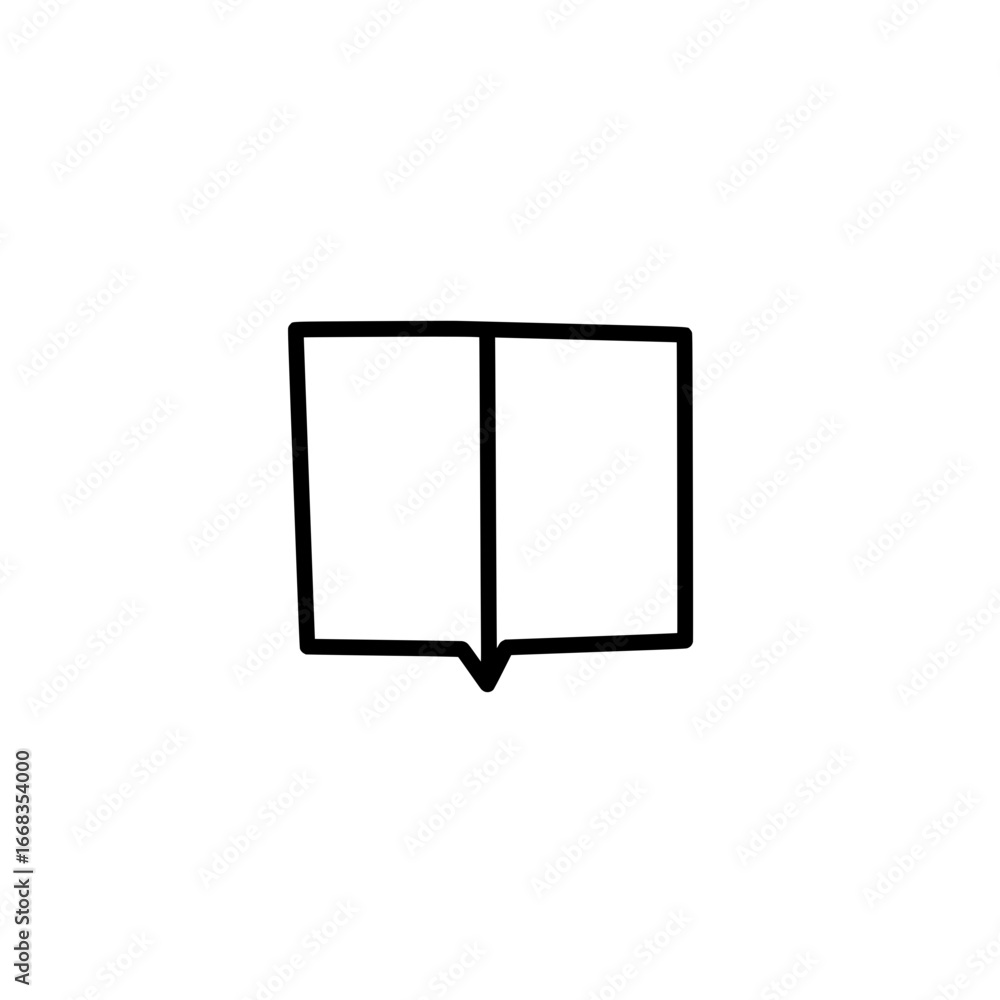 Poster illustration of an open book with thick black lines showing the pages and spine on a white backgroun