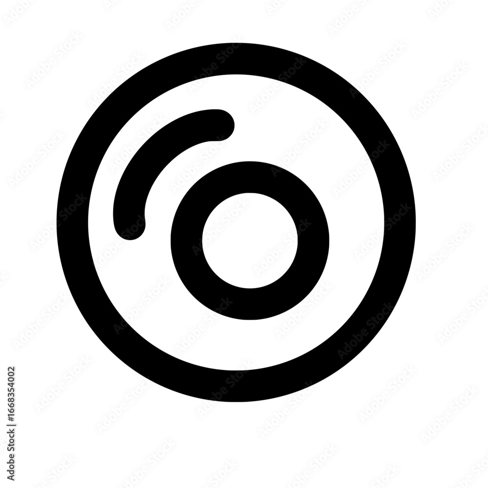 Poster simple graphic of a circle containing a smaller circle and a curved line in black and white style