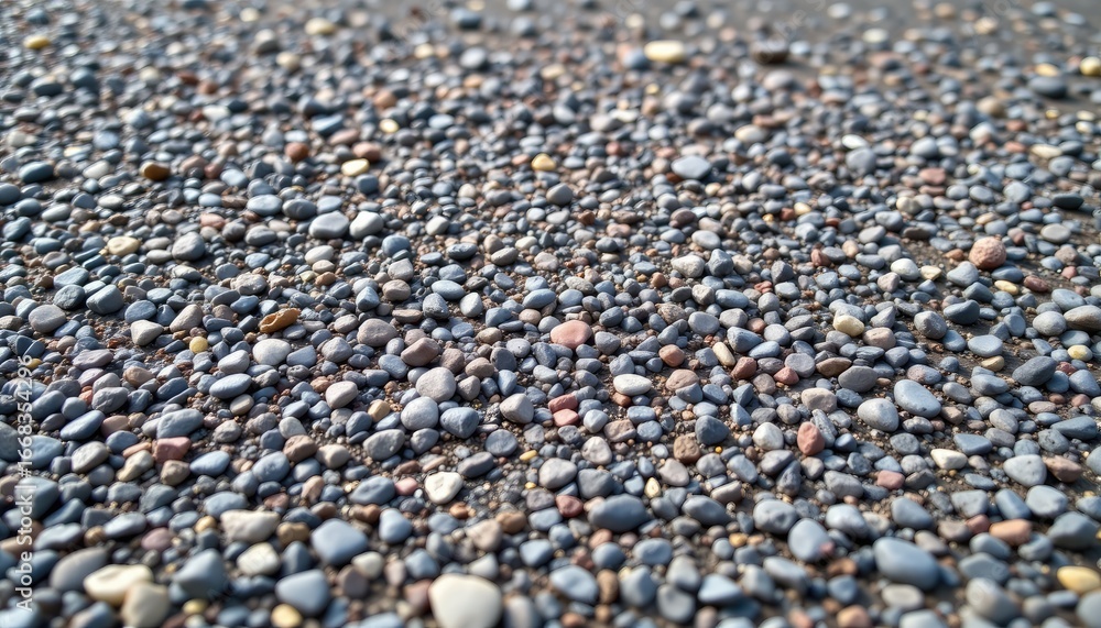 Poster close-up of colorful pebbles and gravel on a beach showing unique textures and patterns under natura
