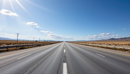 Fototapeta premium Wide Open Highway Stretching into the Distance Under a Bright Blue Sky in a Desert Landscape