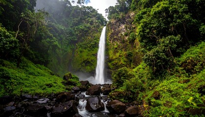 Majestic Waterfall Plunging Into Lush