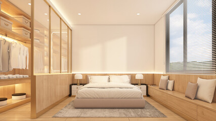 Bedroom decorated with bed and side table, white wall and wooden wall, wooden wardrobe and glass divider, built-in wooden seat and wooden floor. 3d rendering