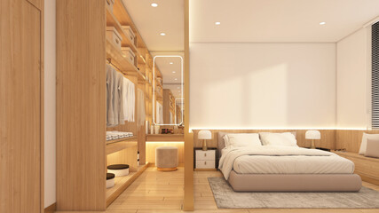 Bedroom decorated with bed and side table, white wall and wooden wall, wooden wardrobe and glass divider, built-in wooden seat and wooden floor. 3d rendering