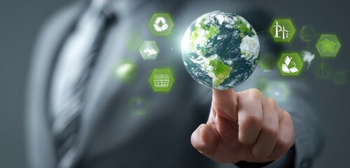A hand holding a digital Earth, surrounded by green environmental icons