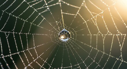 Obraz premium Stunning spider web with dew drops glistening in sunlight, nature's beauty captured up close