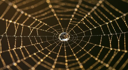 Obraz premium Stunning spider web glistening with morning dew drops reflecting light, close up macro shot