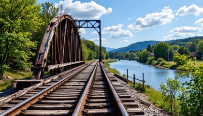 Obraz premium Scenic Railway Bridge Over Tranquil River Surrounded by Lush Greenery and Blue Skies with Fluffy Clouds