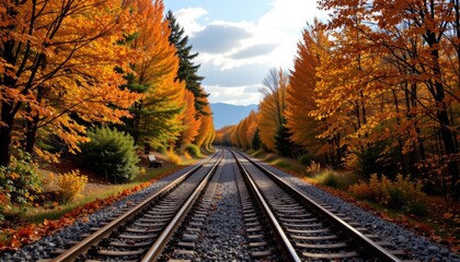 Fototapeta premium Scenic Autumn Landscape with Vibrant Fall Foliage Along Railroad Tracks in Natural Setting