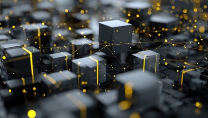 Abstract 3D model of interconnected cubes with glowing yellow lines and points