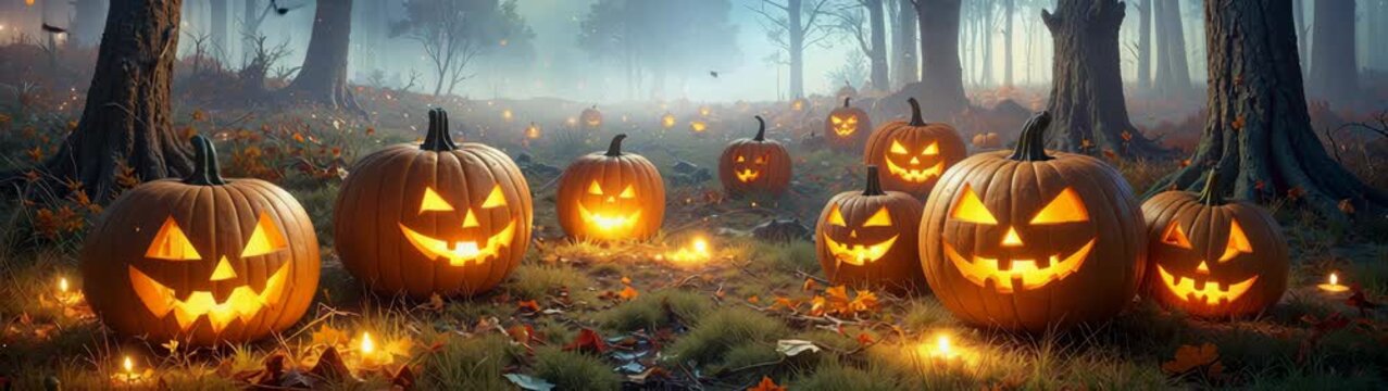 Spooky carved pumpkins lighting mysterious foggy forest on halloween night.