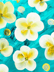Abstract white flowers on turquoise background, original hand drawn, impressionism style, color texture, brush strokes of paint