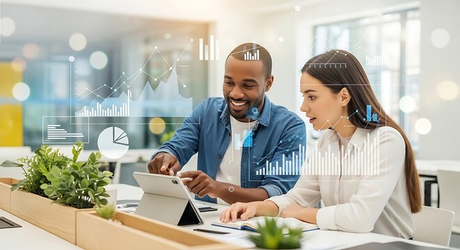 Diverse colleagues strategizing with data analytics on tablet for business insights - Powered by Adobe