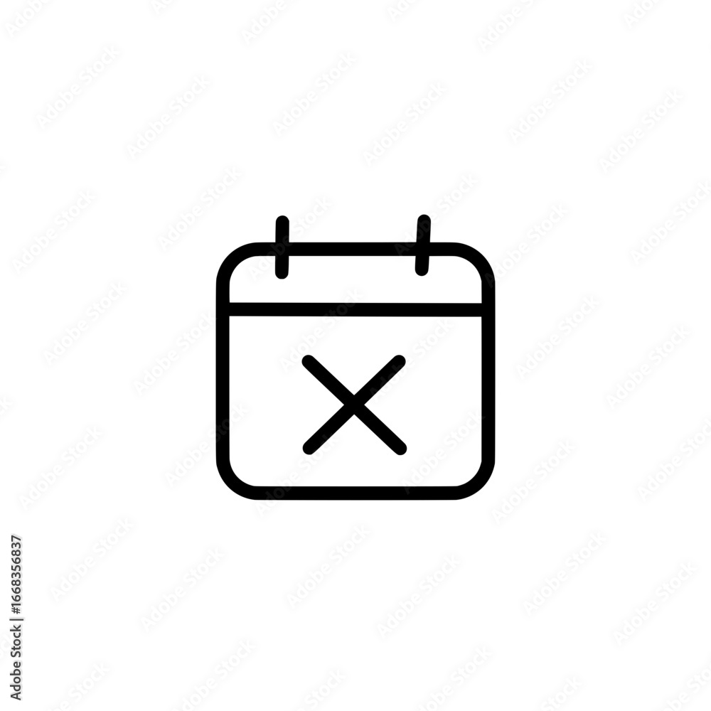 Poster icon of a calendar with a cross mark indicating cancellation or a blocked date in simple black outli