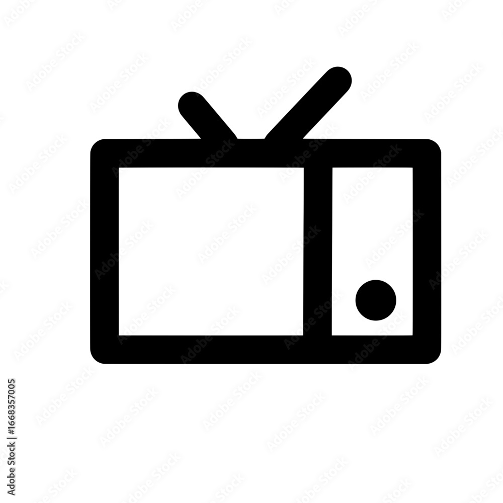 Poster illustration of a retro television set with antenna and a round button in simple black outline style