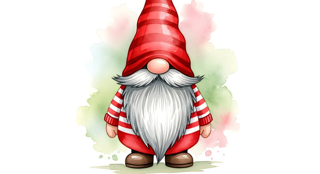 Cute Scandinavian Gnome Illustration (Tomte/Nisse) &mdash; Whimsical Red-Hatted Christmas Gnome with Striped Outfit and Long White Beard for Holiday Stickers, Cards, and Home Decor