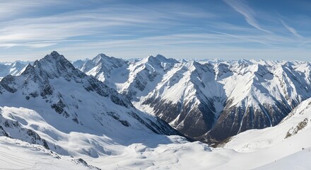 Obraz premium Majestic snowy mountain peaks under clear blue winter sky
