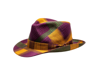 Vibrant multicolored plaid fedora hat on black background