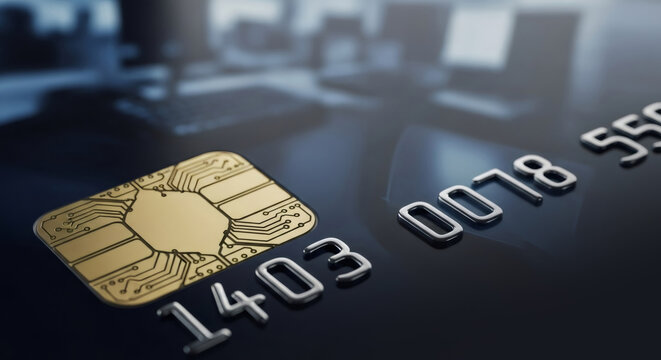Close up of a credit card chip and numbers. Financial transaction for shopping and online banking concept. Electronic payment. - Powered by Adobe