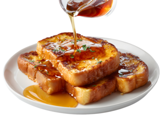 A mouth-watering shot of rich syrup being poured over thick-cut, golden French toast. A classic and indulgent, isolated breakfast for any brunch menu.